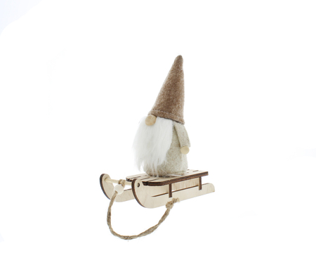 16cm fabric gonk with brown hat on wooden sleigh