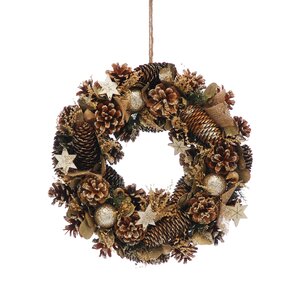 30cm pinecones - gold balls / stars wreath in box