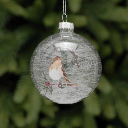 8cm clear with robin and holly glass ball