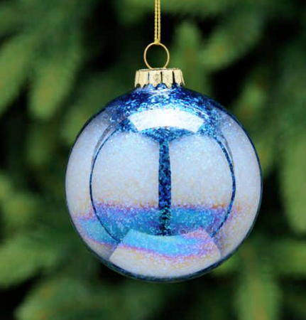 8cm iridescent petrol glass ball with blue glitter