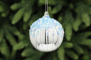 8cm shiny silver glass ball clear/blue ice snowcap