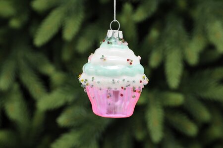 9cm pink/white/blue glass cupcake with sprinkles