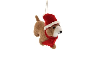 Brown wool dog with santa hat 12cm