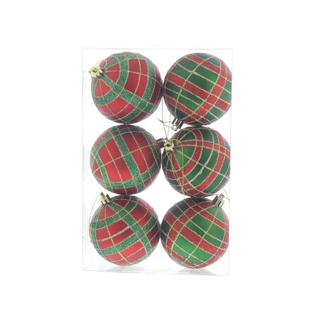 pack 6 x 8cm 2 asstd red/green/gold tartan balls