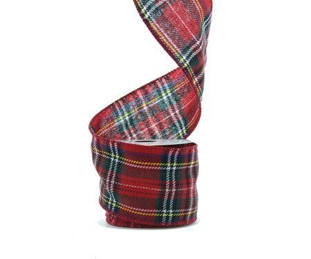 Red tartan wired edge ribbon 300cm