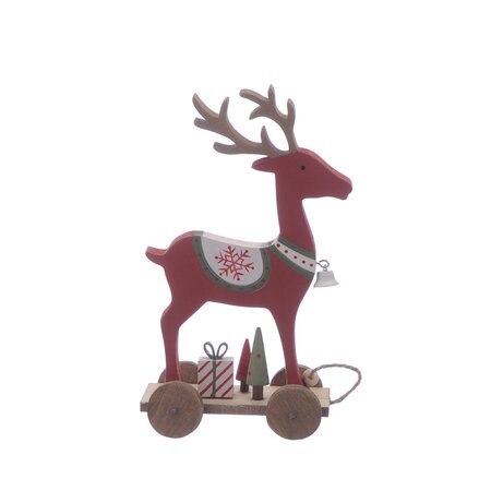 Wooden red/green/white reindeer with present 21cm